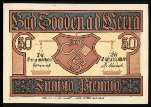 Notgeld Bad Sooden a.d. Werra, 50 Pfennig, Stadttor und Wappen mit Waage und Schaufeln