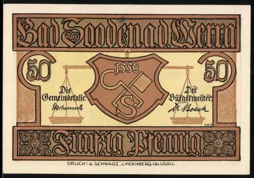 Notgeld Bad Sooden a.d. Werra, 50 Pfennig, Ortsansicht und Wappen mit Waage