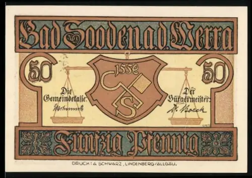 Notgeld Bad Sooden a.d. Werra, 50 Pfennig, Wappen und historisches Gebäude mit Uhrenturm