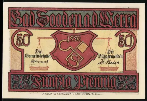 Notgeld Bad Sooden a. d. Werra, 50 Pfennig, Wappen und Stadttor mit Uhrturm