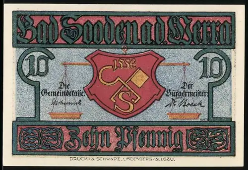 Notgeld Bad Sooden a.d. Werra, 10 Pfennig, Waage und Stadtszene, Wappen mit Kreuz und Löwe