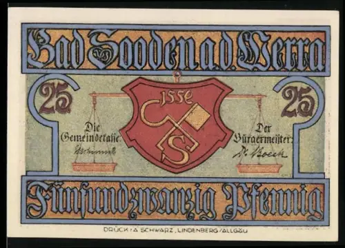 Notgeld Bad Sooden a.d. Werra, 25 Pfennig, Wappen mit Waage und verschneite Fachwerkhäuser