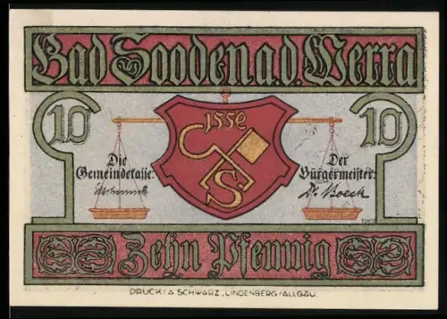 Notgeld Bad Sooden a.d. Werra, 10 Pfennig, Waage und Ortsansicht mit Spruch Deo volente humilis levabor