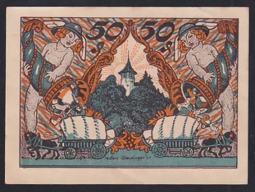 Notgeld Sonneberg 1921, 50 Pfennig, Turm und dekorative Figuren mit Karren