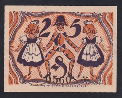Notgeld Sonneberg 1921, 25 Pfennig, tanzender Narr mit zwei Frauen im traditionellen Kleid