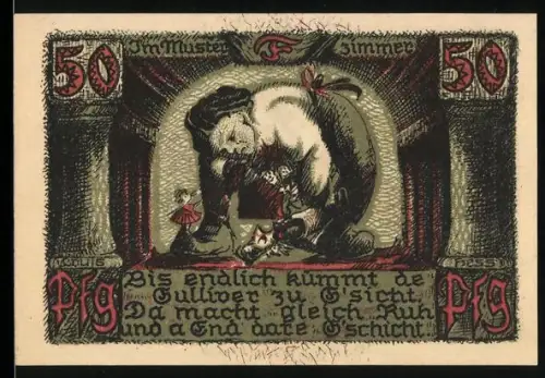 Notgeld Sonneberg i. Thür. 1921, 50 Pfennig, Gulliver-Motiv mit Zwergen und Löwenwappen