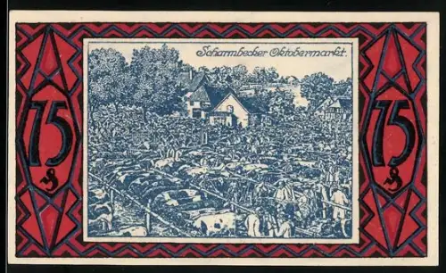 Notgeld Scharmbeck 1920, 75 Pfennig, Scharmbecker Oktobermarkt mit Häusern und Menschenmenge