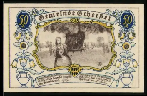 Notgeld Scheessel 1921, 50 Pfennig, Bäuerin unter Baum und Pflügender Bauer mit Pferden