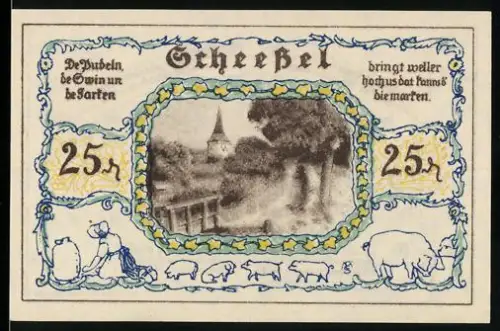 Notgeld Scheessel 1921, 25 Pfennig, ländliche Szene mit Schweinen und Trachtenpaar mit Wappen
