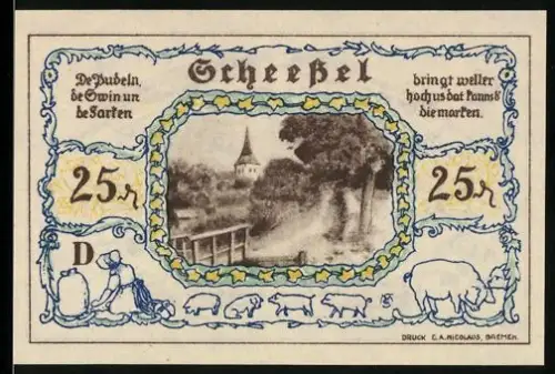 Notgeld Scheessel 1921, 25 Pfennig, Landschaft und Trachtenträger mit Wappen