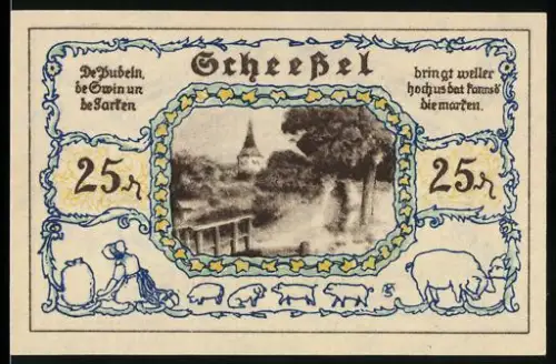 Notgeld Scheessel 1921, 25 Pfennig, Landschaft und Figuren mit Wappen