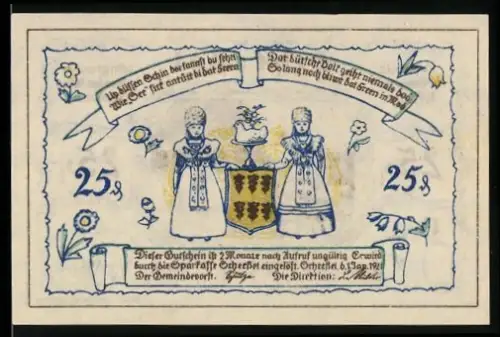 Notgeld Scheessel 1921, 25 Pfennig, Trachtenpaare und ländliche Szene mit Tieren und Landschaft