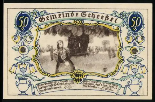 Notgeld Scheessel 1921, 50 Pfennig, Frau unter Baum und Pflügender Bauer