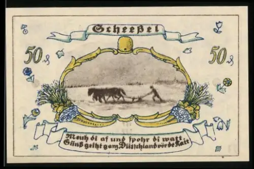 Notgeld Scheessel 1921, 50 Pf., Pflügender Bauer und Frau in Tracht vor Bäumen