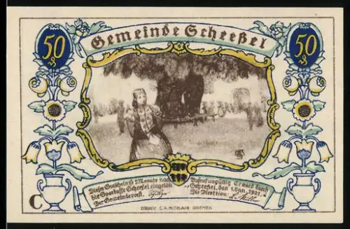 Notgeld Scheessel 1921, 50 Pfennig, Frau unter Baum und pflügender Bauer mit Pferden