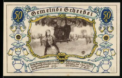 Notgeld Scheessel 1921, 50 Pfennig, Holzfäller und Pferdegespann auf dem Feld