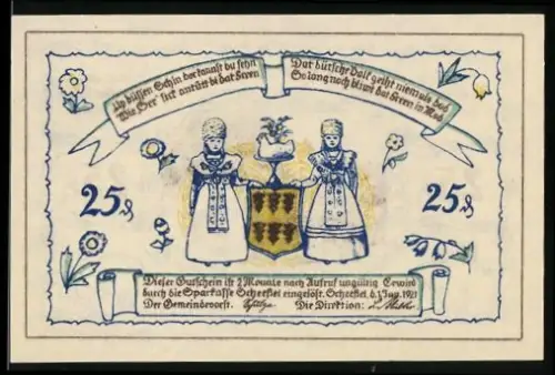 Notgeld Scheessel 1921, 25 Pfennig, Trachtenpaar und Landschaft mit Tieren und Kirche