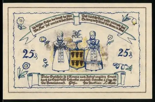 Notgeld Scheessel 1921, 25 Pfennig, Menschen in Tracht und Landschaft mit Kirche und Tieren