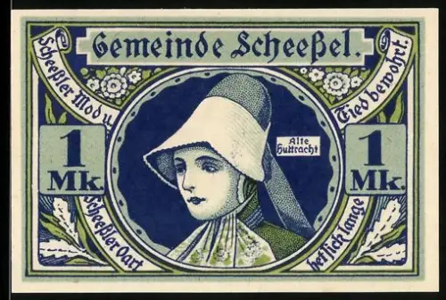 Notgeld Scheessel 1921, 1 Mark, Alte Tracht und Ortsansicht mit Kirche und Häusern