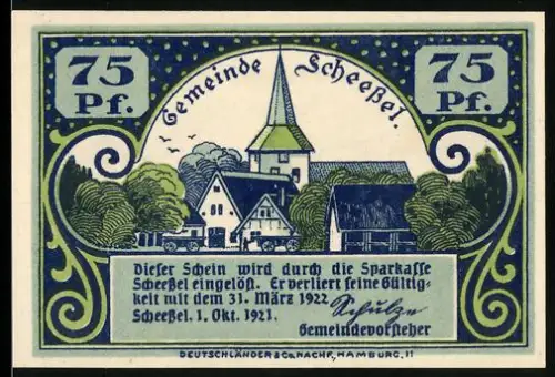 Notgeld Scheessel 1921, 75 Pf, Kirche und Frau in Tracht, Spruchband und florales Design