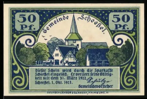 Notgeld Scheessel 1921, 50 Pf, Ortsansicht und Frau in Tracht
