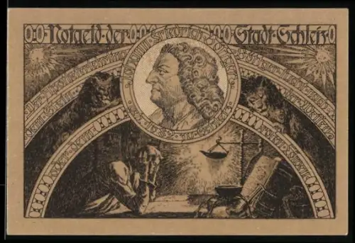 Notgeld Schleiz 1921, 50 Pfennig, Porträt mit Allegorie und Wappen mit Löwe