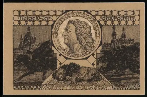 Notgeld Schleiz 1921, 50 Pfennig, Porträt, Ortsansicht und Wappen mit Bison