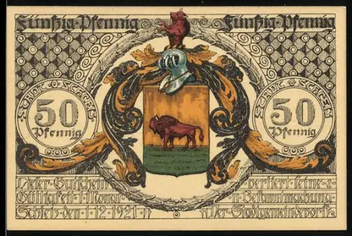 Notgeld Schleiz 1921, 50 Pfennig, Wappen mit Bison und historische Porträts