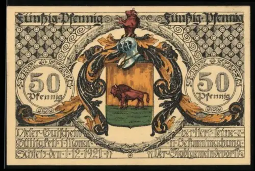 Notgeld Schleiz 1921, 50 Pfennig, Wappen mit Bison und Porträt von Johann Friedrich Böttger
