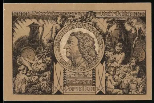 Notgeld Schleiz 1921, 50 Pfennig, Porträt mit Engeln und Löwe im Wappen