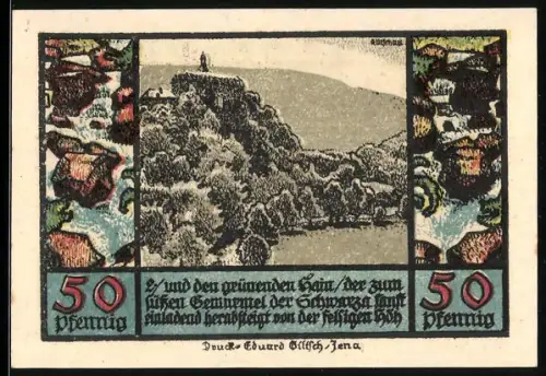 Notgeld Schwarzburg im Thür. Wald 1922, 50 Pfennig, Landschaft und schwarzer Adler mit Schwertern