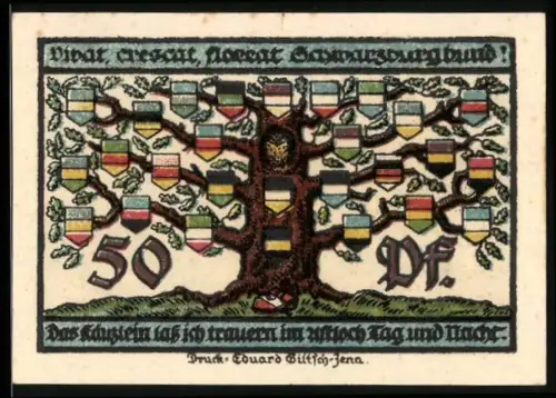 Notgeld Schwarzburg im Thür Wald 1922, 50 Pf, Wappenbaum und Adler mit Schwertern