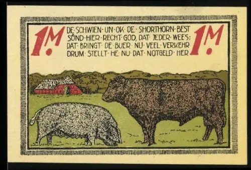 Notgeld Seeth 1921, 1 Mark, Schwein und Shorthorn-Rind mit Landschaftsmotiv und Wappen