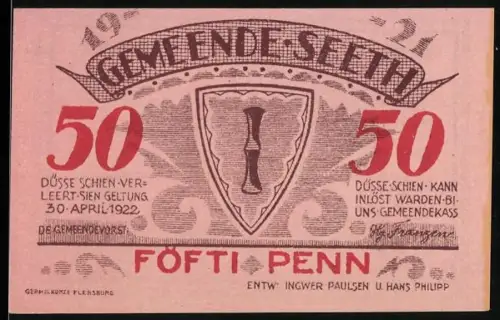 Notgeld Seeth 1921, 50 Pfennig, Glocke mit Inschrift und Gruppe von Menschen