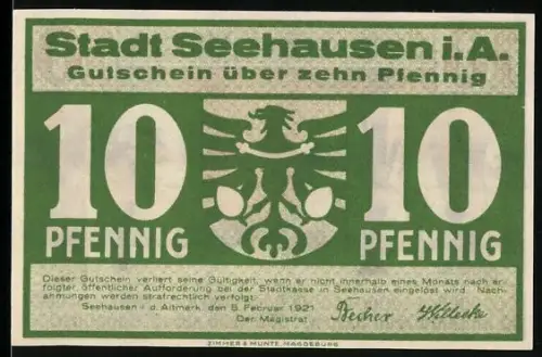 Notgeld Seehausen i. A. 1921, 10 Pfennig, Waldweg und Wappen