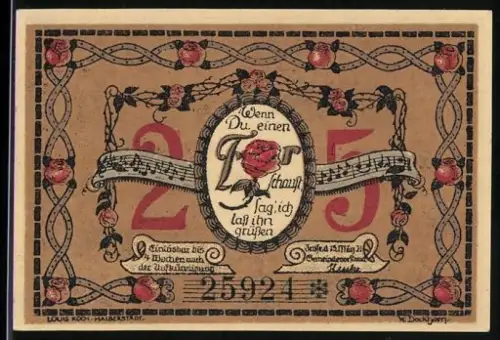 Notgeld Frose in Anhalt 1921, 25 Pfennig, Ortsansicht mit Bäumen und Musikmotiv mit Rosenornamenten