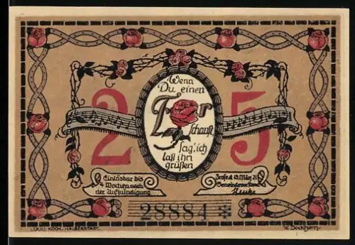 Notgeld Frose in Anhalt 1921, 25 Pfennig, Rosenmotiv und Dorflandschaft mit Kirche