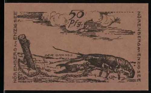 Notgeld Nörenberg am Enzigsee 1920, 50 Pfennig, Hummer und Wolken, mit Wappen