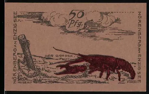 Notgeld Nörenberg am Enzigsee 1921, 50 Pfennig, rotes Insekt und Landschaftsmotiv, Wappen