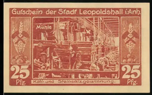 Notgeld Leopoldshall i. Anh. 1921, 25 Pfennig, Mühle und Kali- und Steinsalzgewinnung, Wappen