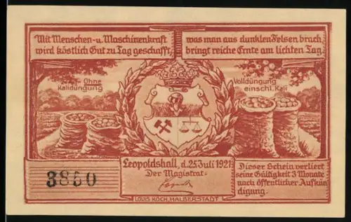 Notgeld Leopoldshall i. Anh. 1921, 25 Pfennig, Kaligewinnung, Fördermaschine, Wappen mit Bergbausymbolen