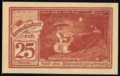 Notgeld Leopoldshall i. Anh. 1921, 25 Pfennig, Kalibergbau mit Grubenbahn, Wappen und Bergleute