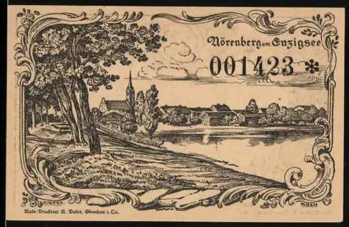 Notgeld Nörenberg am Enzigsee 1920, 75 Pfennig, Landschaft mit Ortsansicht und Wappen