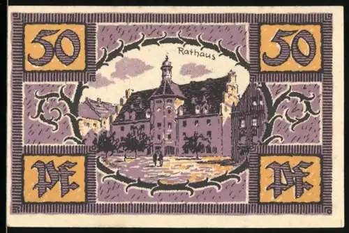 Notgeld Merseburg 1921, 50 Pf, Rathaus und Rabe mit Ring im Schnabel