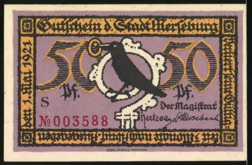 Notgeld Merseburg 1921, 50 Pf, Rathaus und Rabe mit Ring im Schnabel