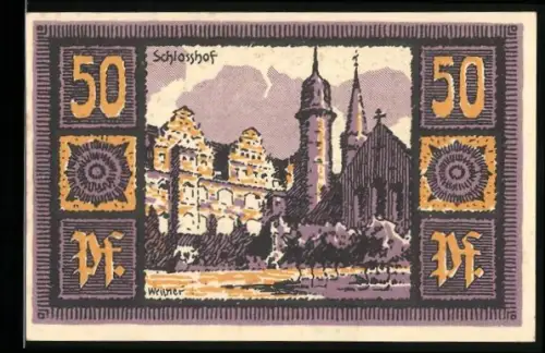 Notgeld Merseburg 1921, 50 Pfennig, Schlosshof und Rabe auf einem Ring mit Kreuz