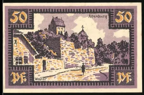 Notgeld Merseburg 1921, 50 Pf, Ortsansicht mit Turm und Rabe auf Wappen
