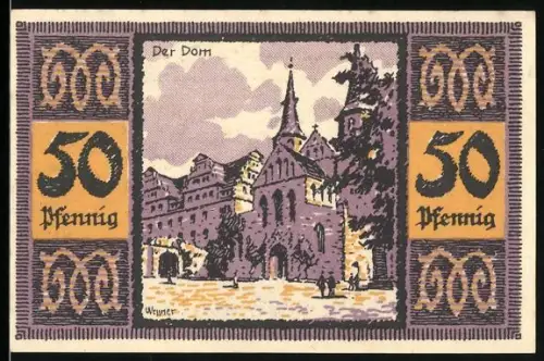 Notgeld Merseburg 1921, 50 Pfennig, Dom und Rabe auf Schlüssel-Motiv