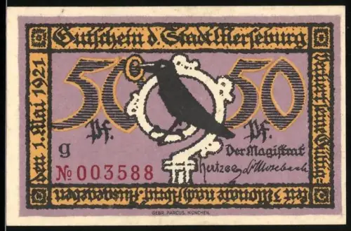 Notgeld Merseburg 1921, 50 Pf, Rabe mit Schlüssel und Schlossansicht Herzog Christian