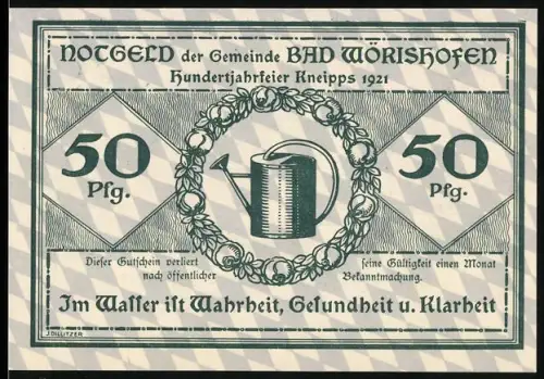 Notgeld Bad Wörishofen 1921, 50 Pfennig, Giesskanne und Gebäudeillustration
